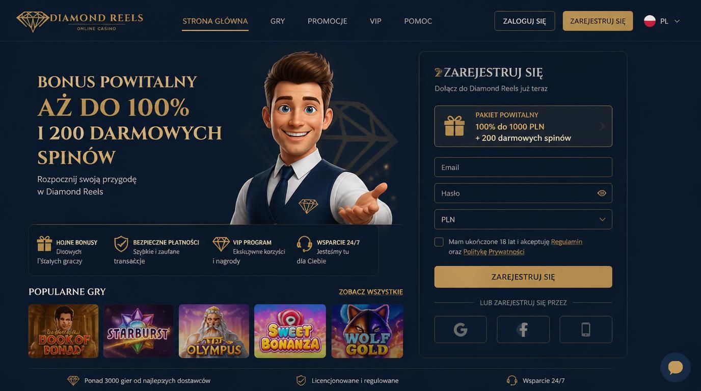 ekran powitalny Diamond Reels z bonusem i darmowymi spinami, kolorystyka kasyna