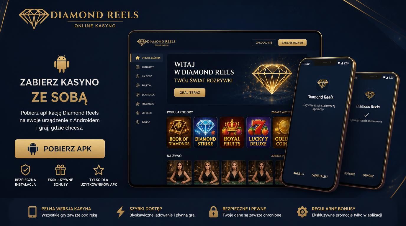 Aplikacja Diamond Reels na telefonie z przyciskiem Pobierz APK i logo Androida