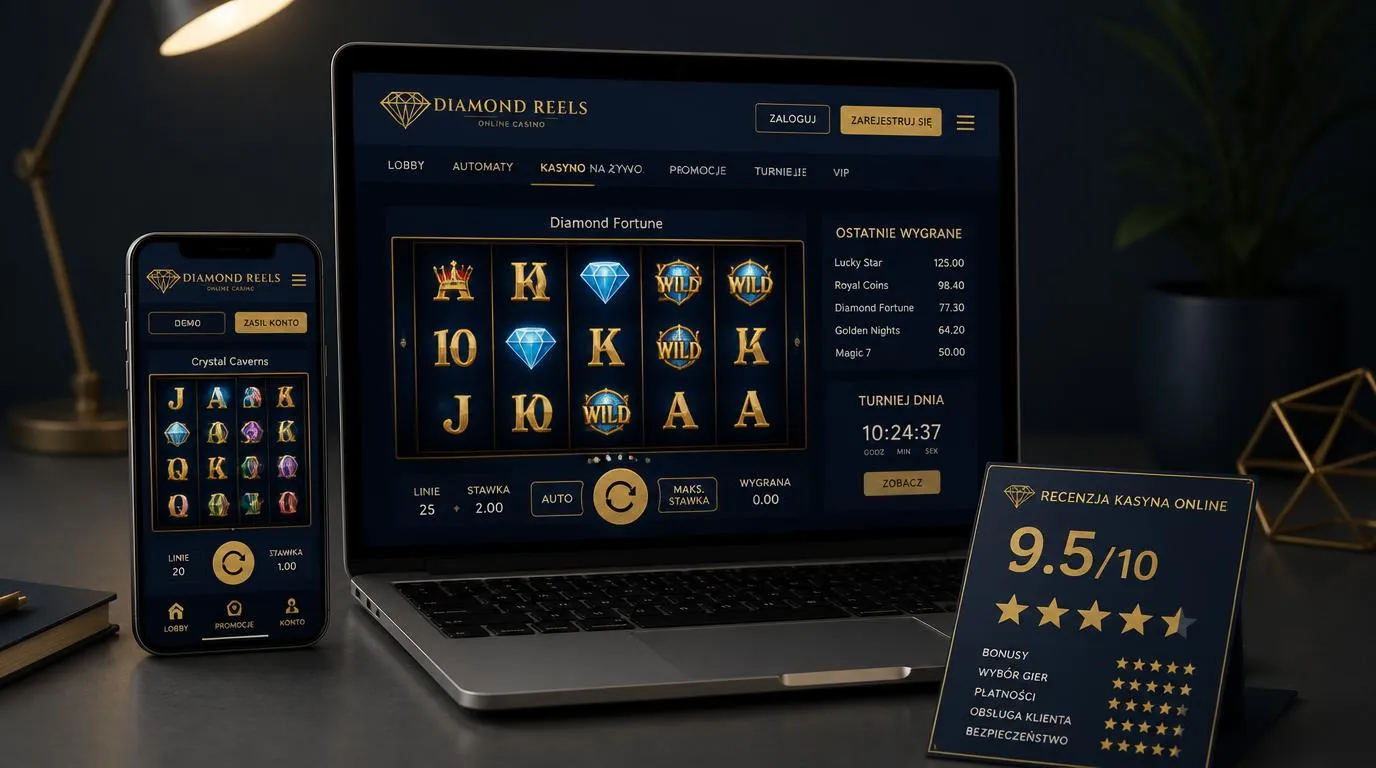 Telefon i laptop z przykładowymi ekranami gier kasynowych oraz widoczną oceną 9,5/10