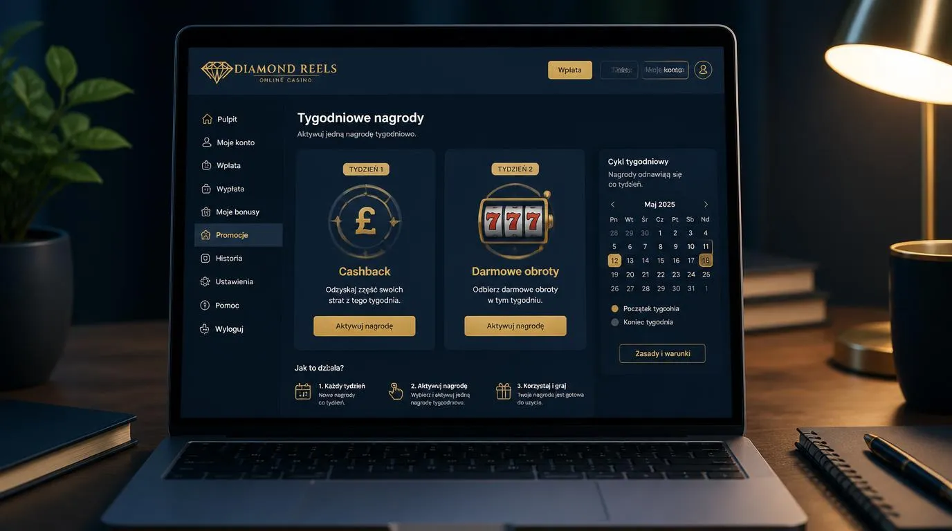 Panel promocji kasyna z tygodniowym cashbackiem i darmowymi spinami